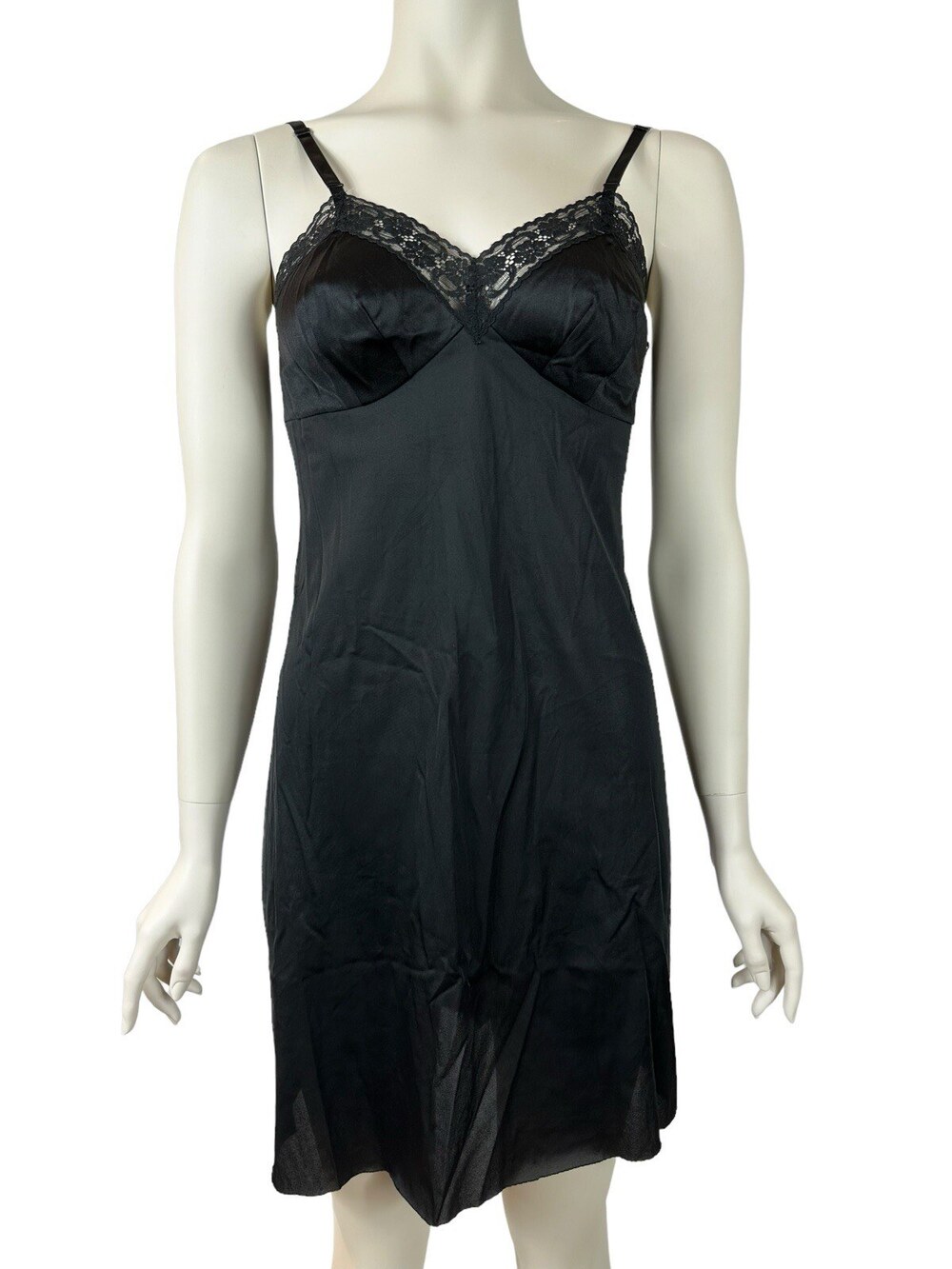 Vintage Vanity Fair Slip Dress Women's 32TT Linergie Black Silky Nylon Lace Trim